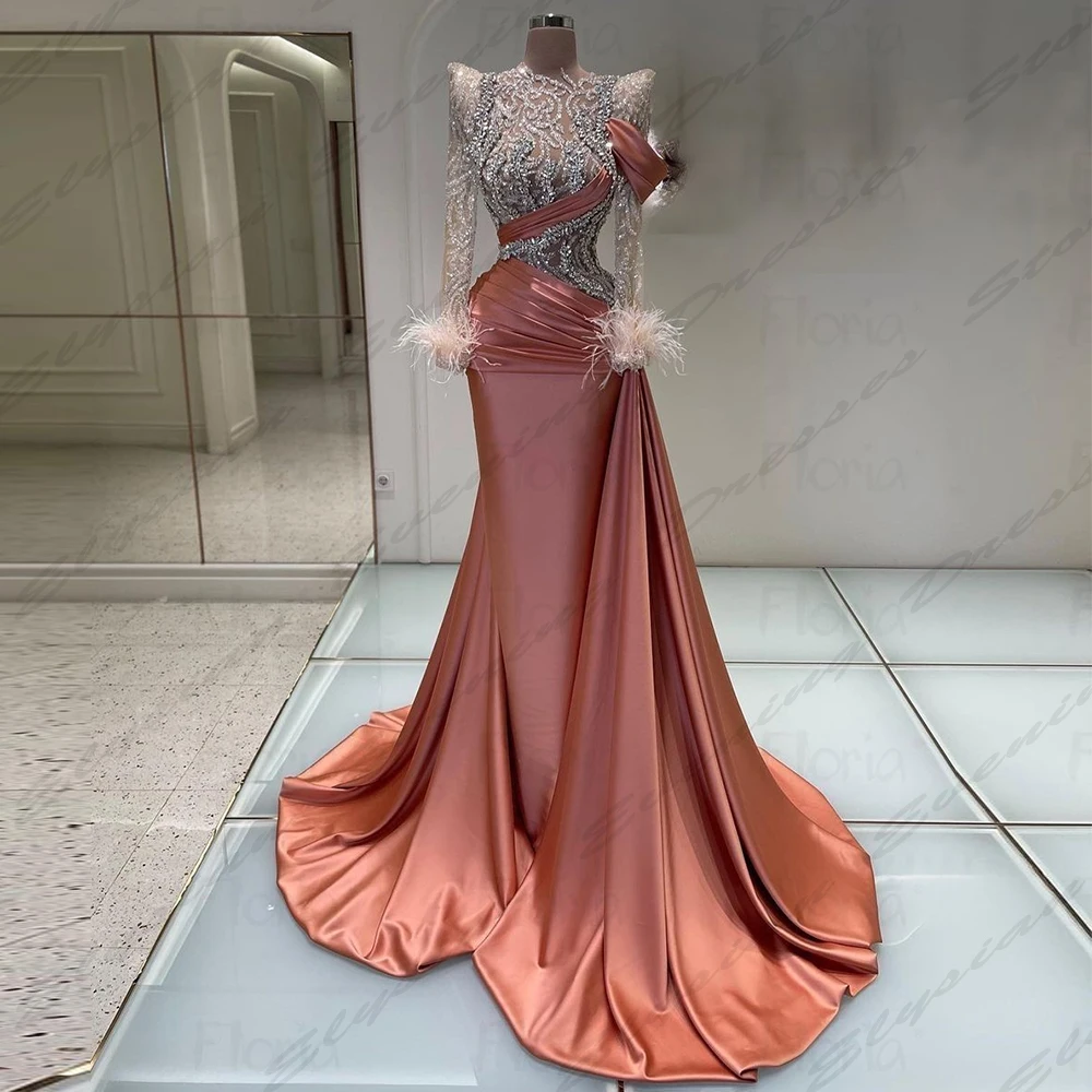 Elegant Sexy Evening Dresses For Women Fascinating Gorgeous Beautiful Satin High Necked Long Sleeved Simple Mopping Prom Gowns