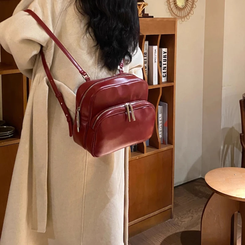 New Fashion Simple Retro Wine Red Small Square Bag Travel Holiday Shopping Backpack Female Korean Pu Leather Shoulder Bag Lady