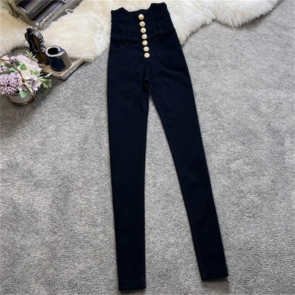 Black trousers for women Single breasted buckle high-waisted  skinny trousers