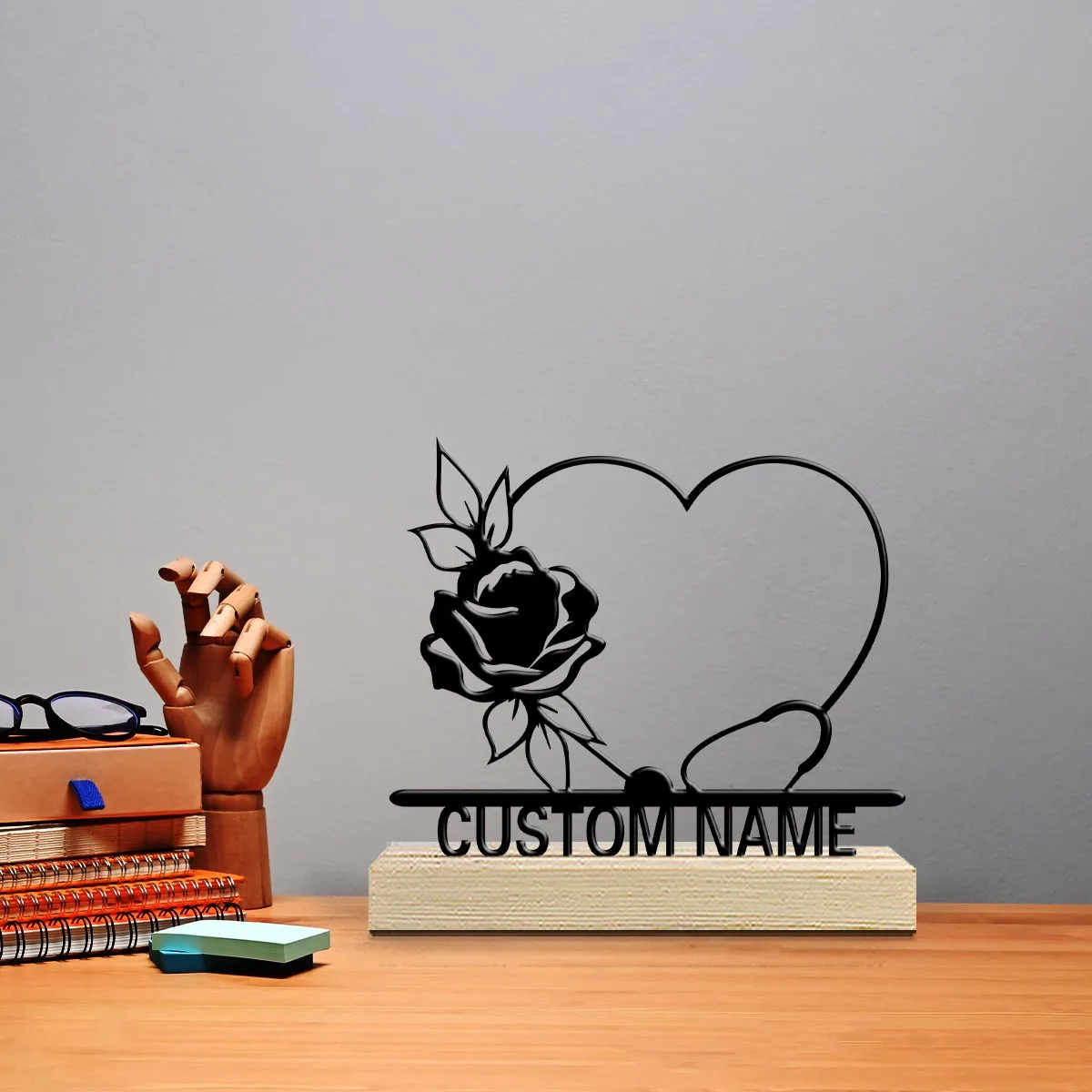 1pc Metal Desktop Decoration Custom Name Equipped with A Wooden Base Decorative Gifts, Metal Statue Ornaments