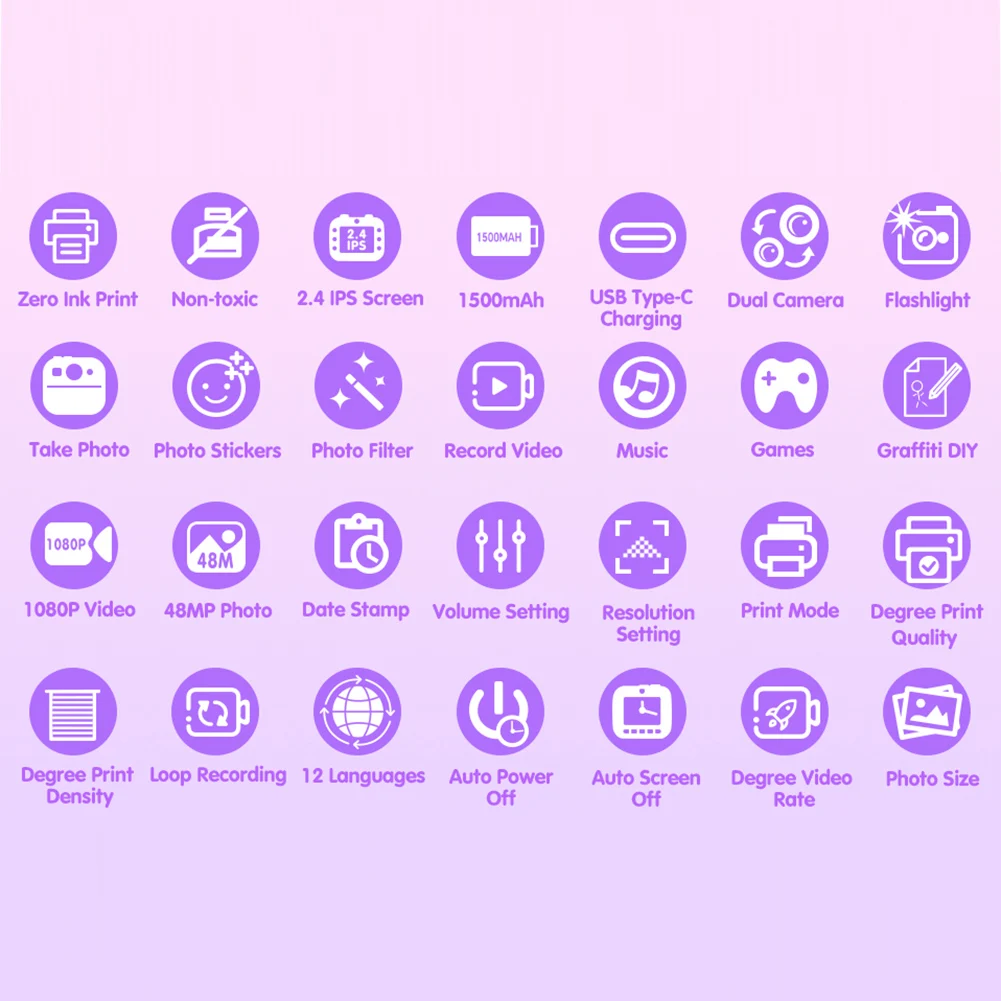 Kinder Mini Instant Print Kamera 2,4 Zoll Bildschirm Kind Zeichnung Kamera 48MP 1080P Video Kinder Kamera Geschenk für Weihnachten/geburtstag