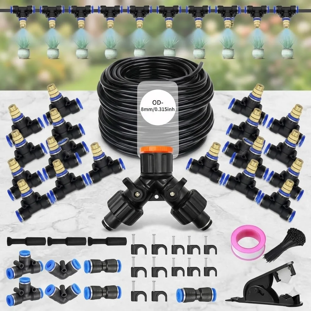 Watering System 30-5M 5/8mm Hose Brass Atomizing Nozzle Mist Spray Cooling for Garden Vegetables Plants Outdoor Yard