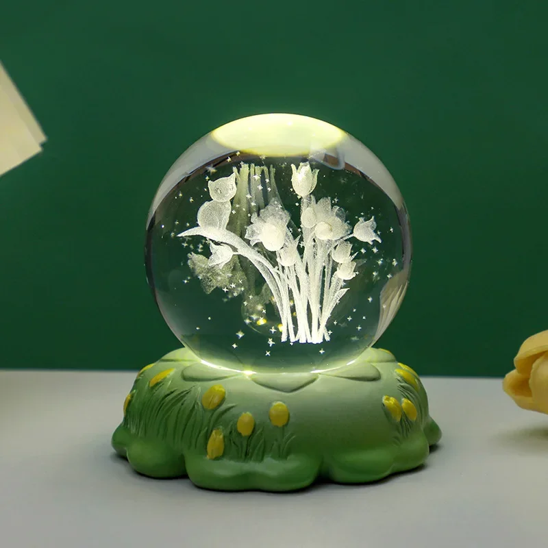 Luz nocturna de tulipán creativa para dormitorio, bola de cristal 3D, decoración luminosa de escritorio, regalo de cumpleaños