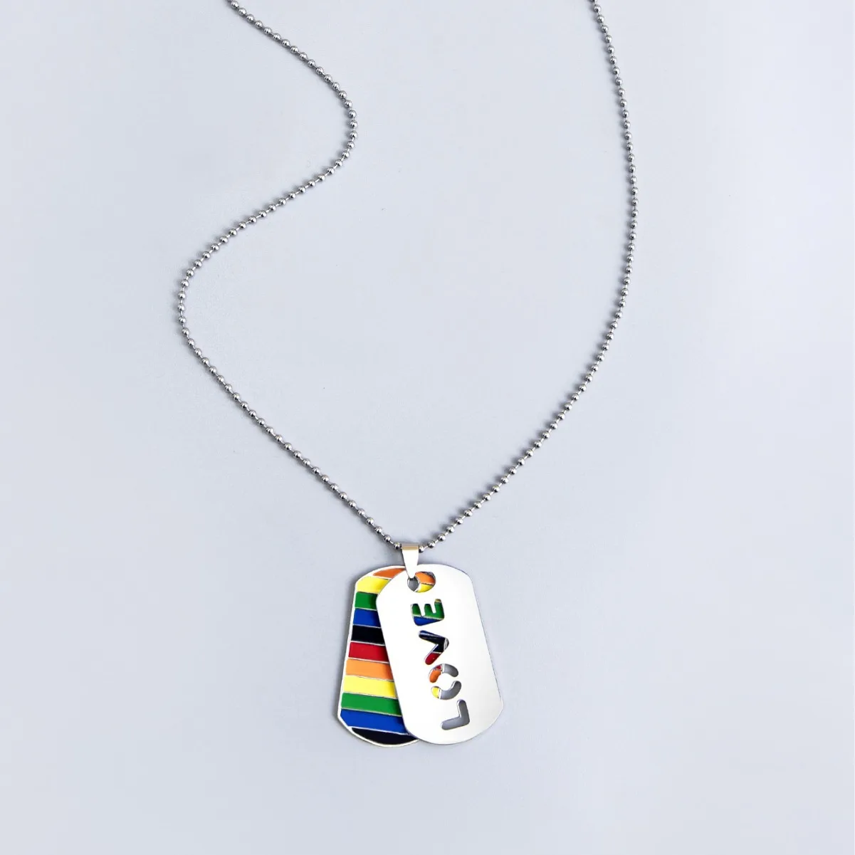 Stainless Steel LGBT Gay Lesbian Love Pride Necklaces Enamel Rainbow Flag Double Pendant Necklace