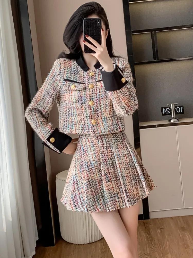 2024 Autumn Winter New Small Fragrant Fashion Set Women French Vintage Tweed Jacket Coat Rainbow Pleated Skirt Two Piece Sets