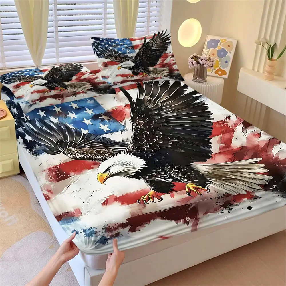 Juego de Sábanas Ajustables con Diseño de Águila Americana Patriótica, 1 Sábana Ajustable + 2 Fundas de Almohada, Juego de Ropa de Cama Artística con Diseño de Águila Calva para Decoración del Hogar