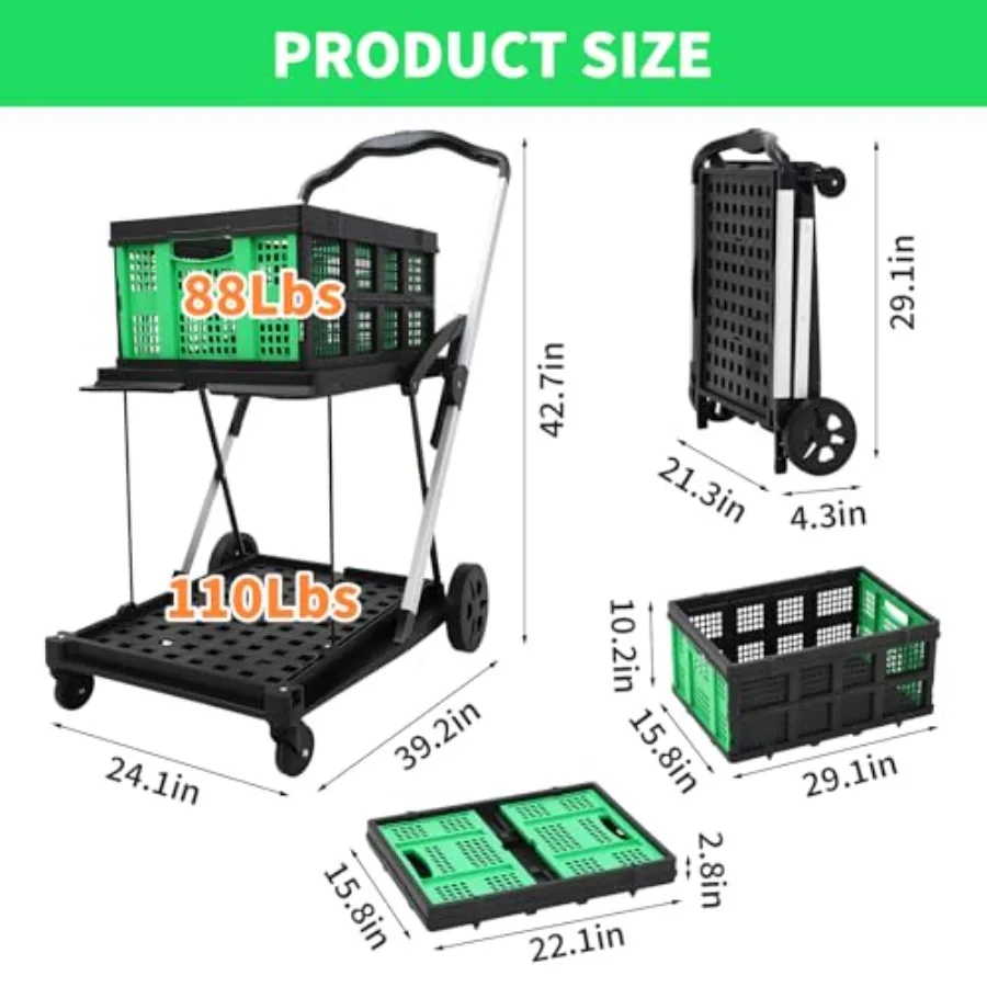 Versatile 2-Tier Folding Garden Trolley Removable Crate, Lightweight Collapsible Utility Cart with Wheels for Groceries, Home,
