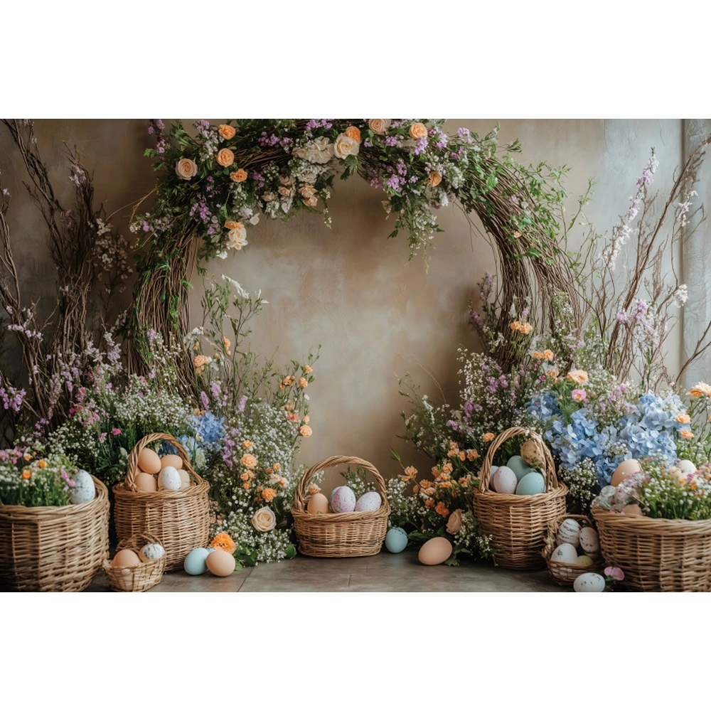 Spring Easter Photography Background Boho Flower Arch Door Bunny Colorful Eggs Rabbit Kids Birthday Decor Backdrop Photobooth
