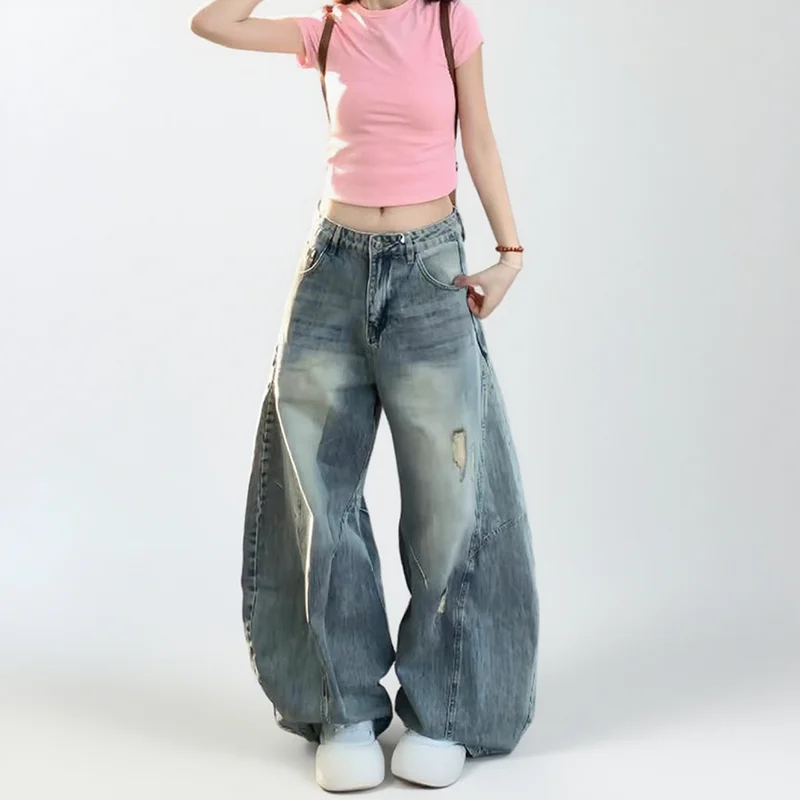 2025 가을 한국 여성 청바지 레트로 하이 웨이스트 청바지 스트레이트 레그 팬츠 배기 청바지 찢어진 청바지