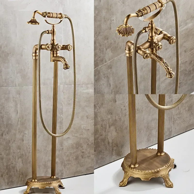 Bathroom Bathtub Faucets Floor Stand Telephone Shower Faucets Double Hands Brass Antique Bronze Bathroom Shower Faucet Set