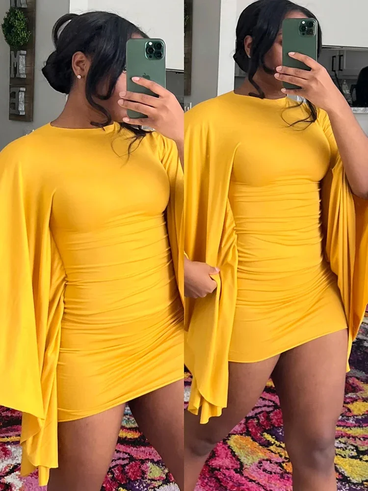 Leosoxs sexy manga morcego vestido feminino básico clássico ruched o pescoço estiramento magro coquette meia-noite festa clube pêssego hip bodycon