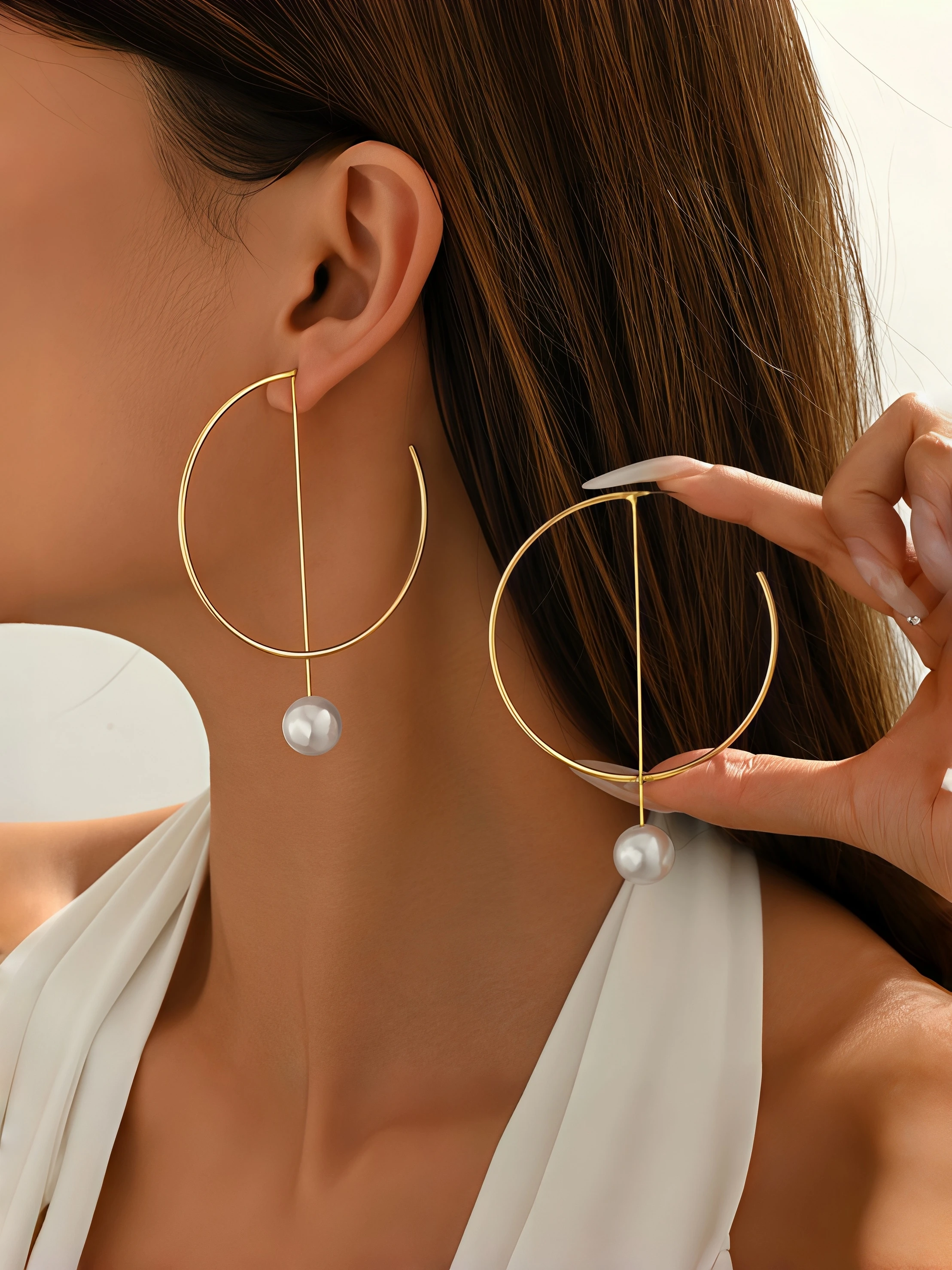 Fashionable Ladies' Pearl Drop Earrings C-Shape Linked Vertical Line Design Pair of Circular Ring Style Jewelry Accessory