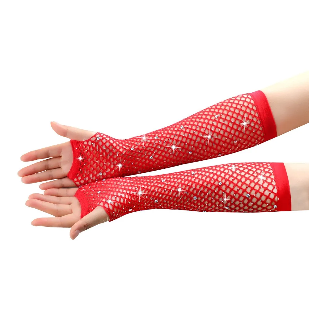 قفازات شبكة صيد السمك بدون أصابع مرنة للغاية من حجر الراين قفازات الزفاف المثير للسيدات ديسكو للحفلات الراقصة والحفلات الراقصة