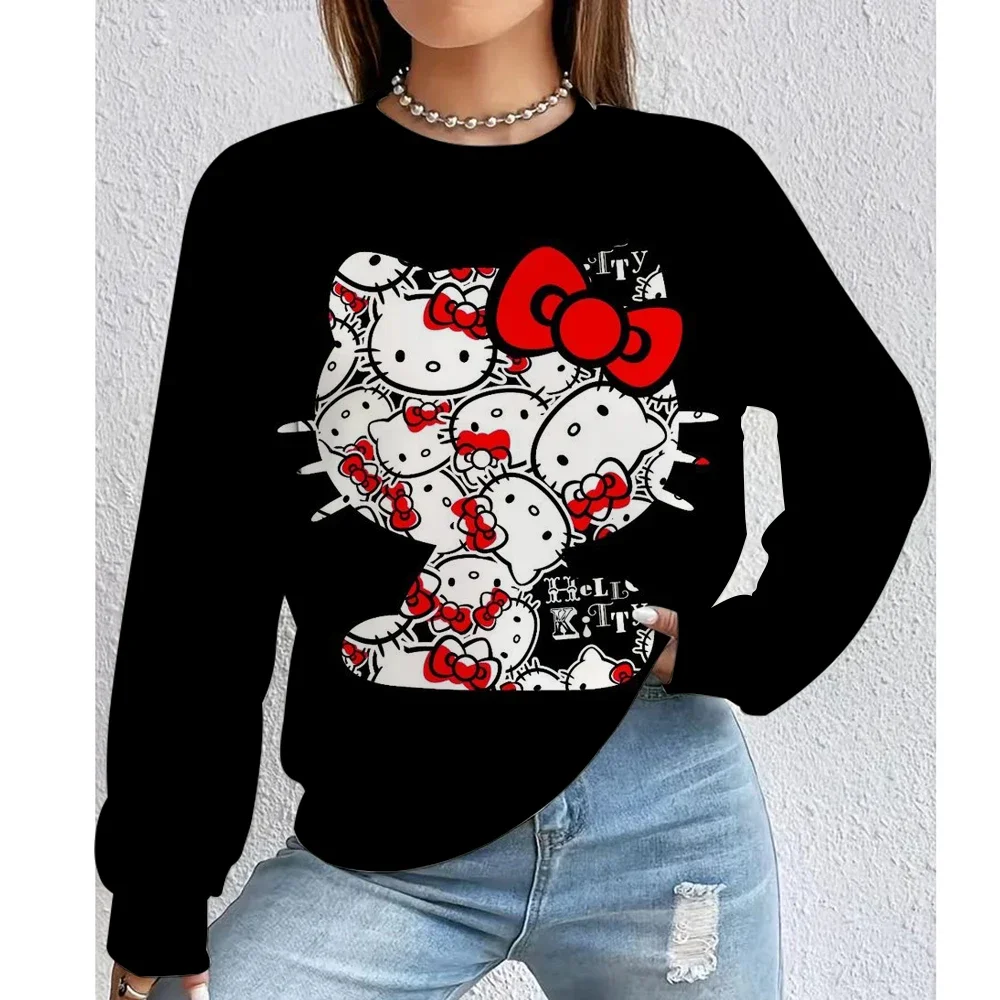 

Hello Kitty красный бант с принтом, модная круглая толстовка с капюшоном, женский пуловер Harajuku, свободный топ с милым рисунком, женская уличная одежда