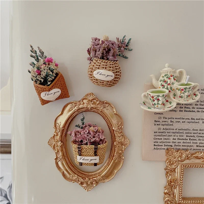 

French Eternal Flower Dried Flower 3D Simulation Flower Basket Resin Refrigerator Sticker Magnetic Sticker