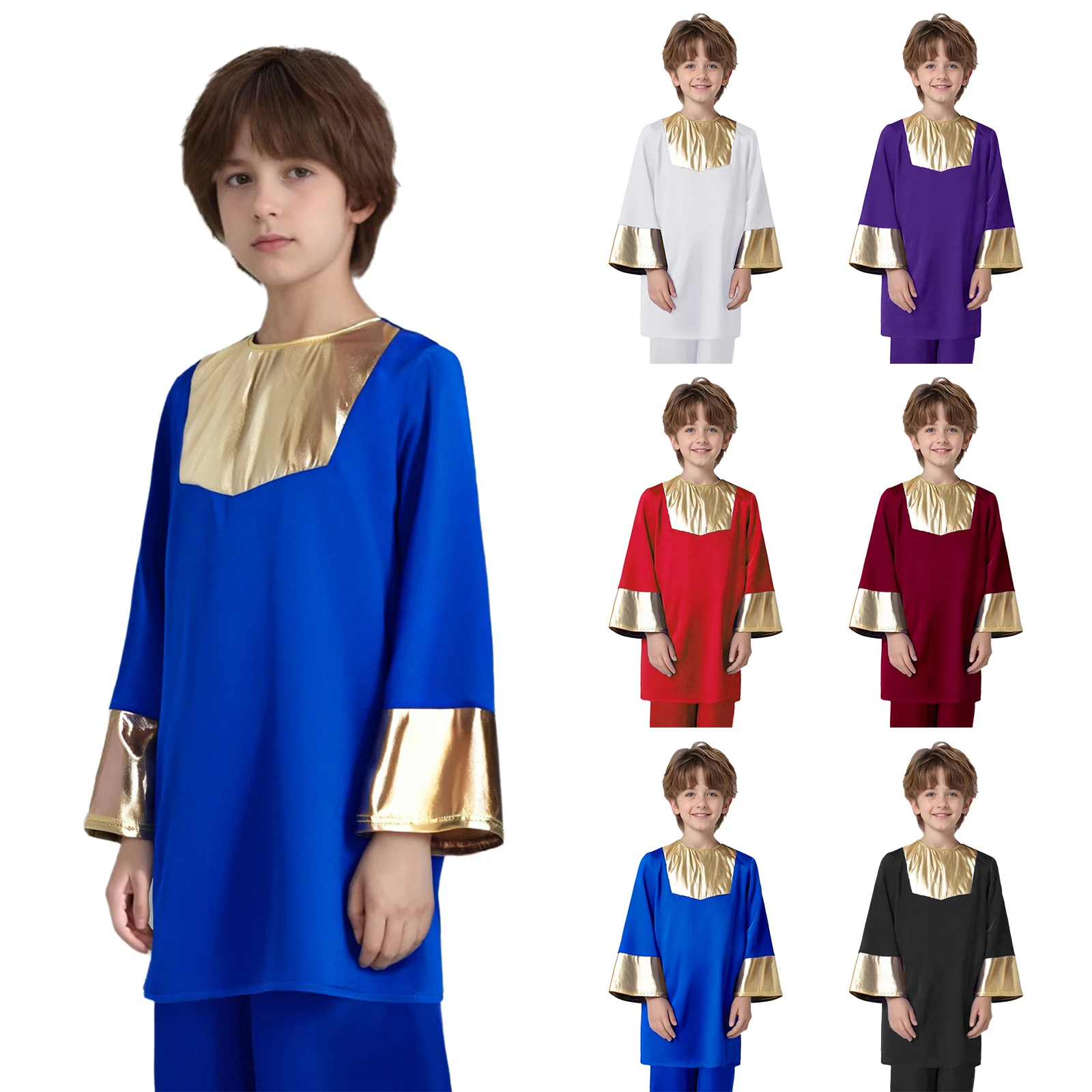 Boys Liturgical Praise Dance Top Long Sleeve Loose Fit Church Dancewear Metallic Color Block Worship Costume Dance Robe Dress