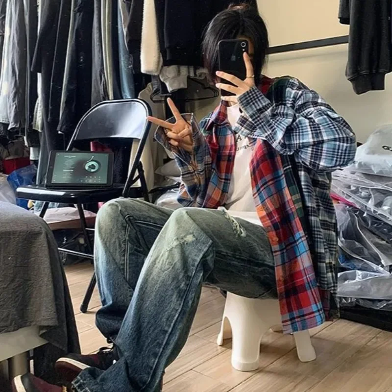 

Рубашки женские в стиле панк весна осень уличная одежда свободные Blusas повседневная мода Ropa винтажная эстетичная клетчатая американская ретро пара