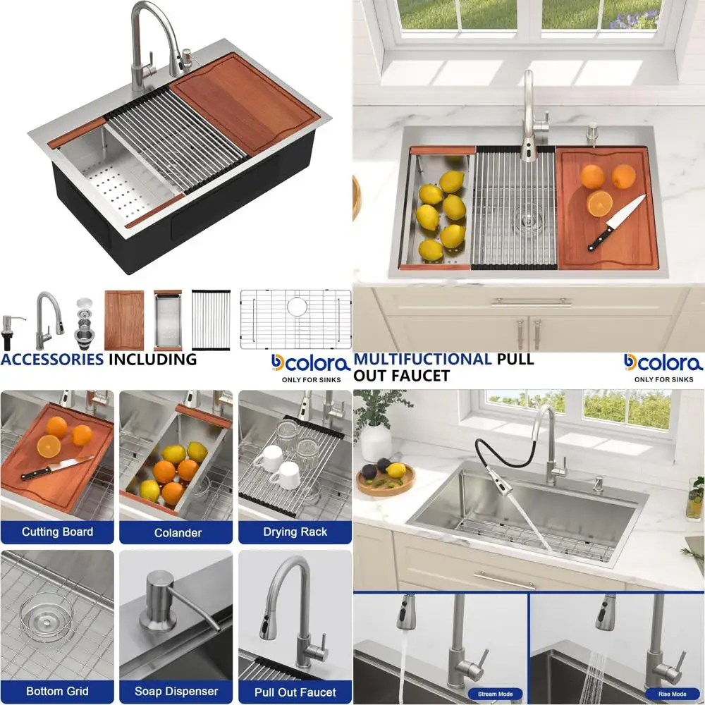 

33x22 Inch Drop-In Kitchen Sink with Faucet, Single Bowl, 304 Stainless Steel Overmount Sink for Kitchen Workstation