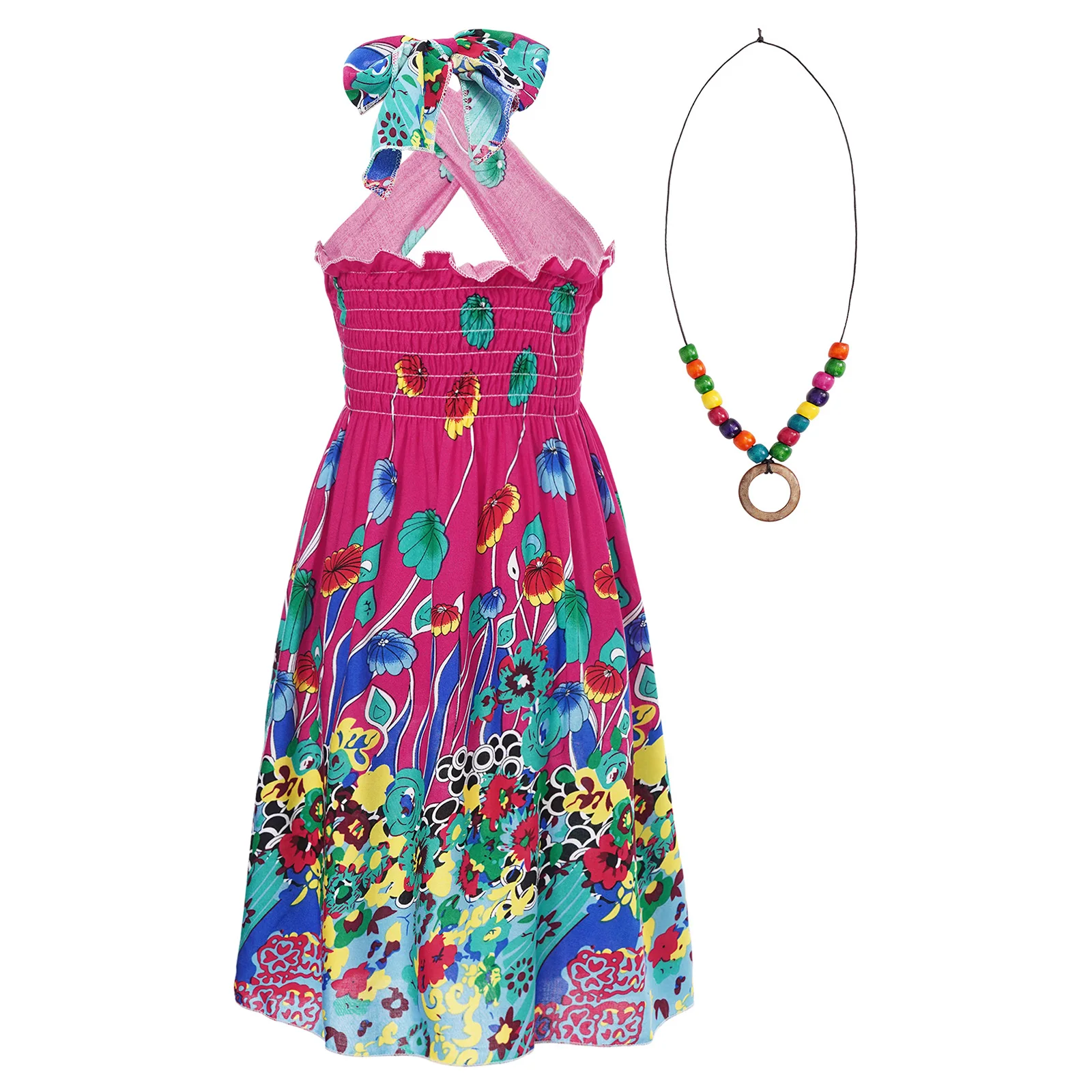 Vestido floral boho para meninas, cintas de espaguete auto-amarradas, linha A com elástico, natação na praia, vestido casual de verão, infantil