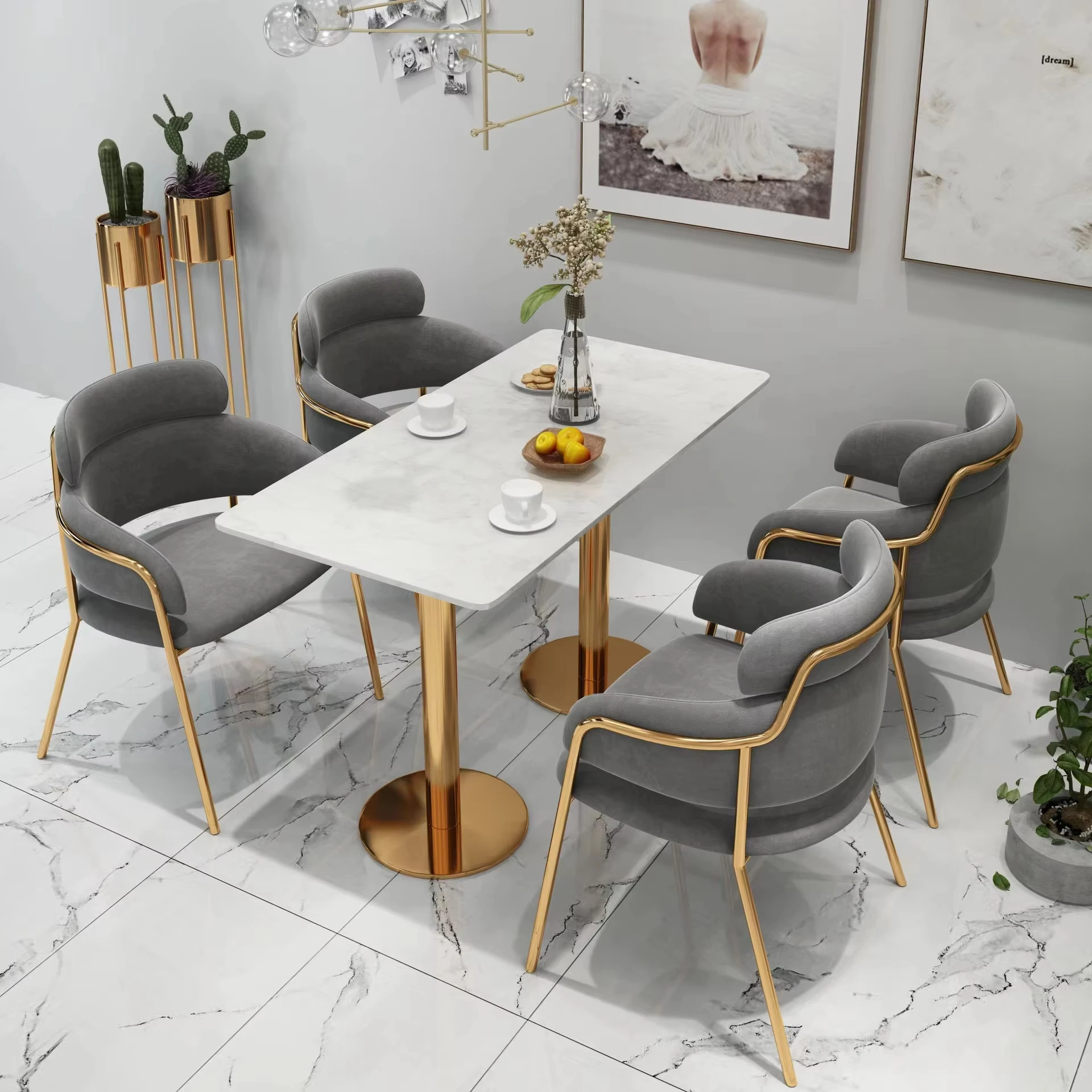 #Nordic Hotel Dining Casual Negotiation Area Table And Chairs Light Luxury Pink Velvet Chair