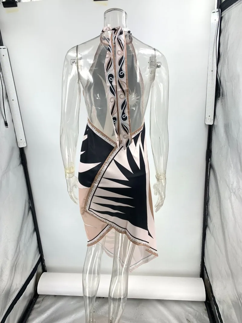 New Summer Sexy Halter Backless Printed Satin Vacation Beach Dress For Women Sleeveless Backless Loose Irregular Robe Vestidos