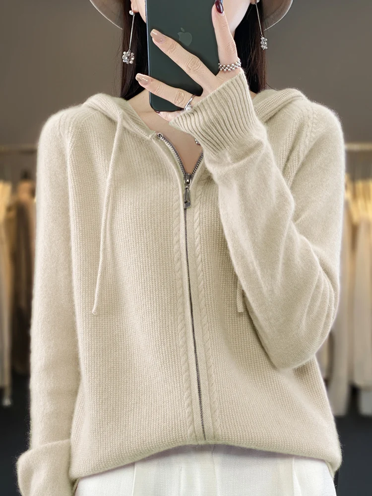 Addonee Women Hoodie Cardigan Zipper 100% Merino Wool Sweater Long Sleeve Casual Loose Cashmere Knitted Coat Korean Fashion Tops