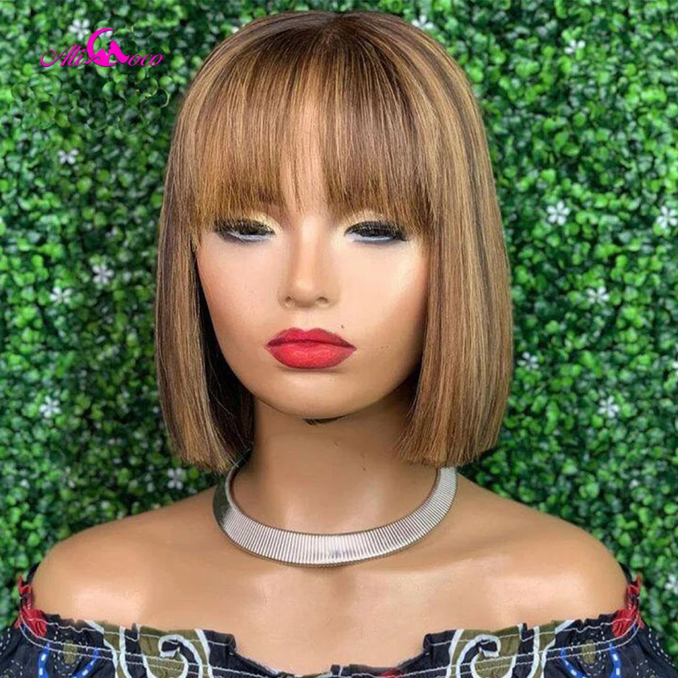 P4/27 Highlight Straight Bob Human Hair Wig With Bangs 180% Density None Lace Bob Wigs With Upgrade Breathable Bangs