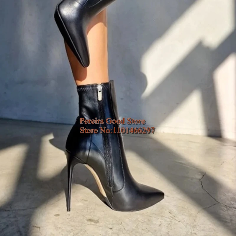 أسود ماتي جلد خنجر كعب الأوسط العجل الأحذية مدبب تو مضغوط تمتد الجلد المدبوغ القماش الجوارب القصيرة الإناث الأحذية الحديثة #3