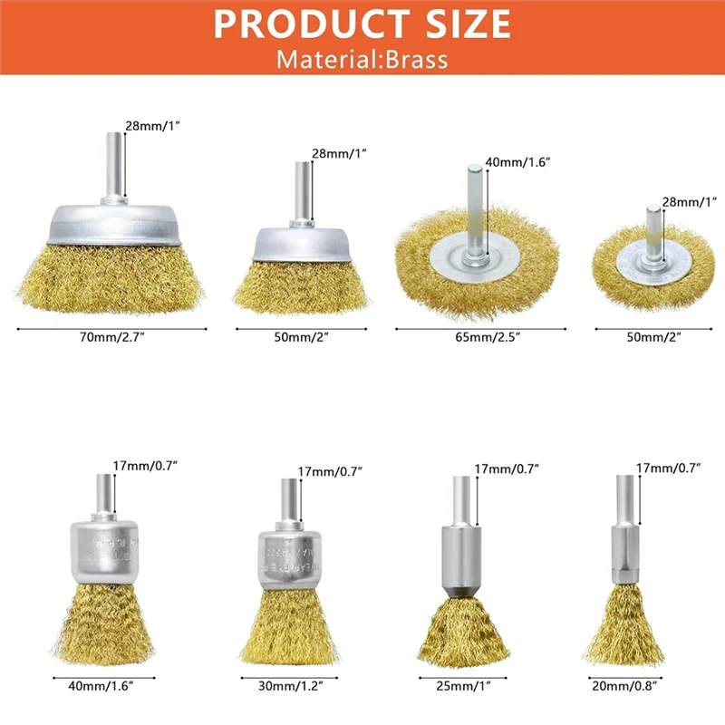 مجموعة فرش أكواب العجلات النحاسية من COFA مكونة من 8 قطع، مجموعة فرشاة سلك نحاسية كربونية مجعدة خشنة لتنظيف الصدأ والتآكل والطلاء المتين والأصفر