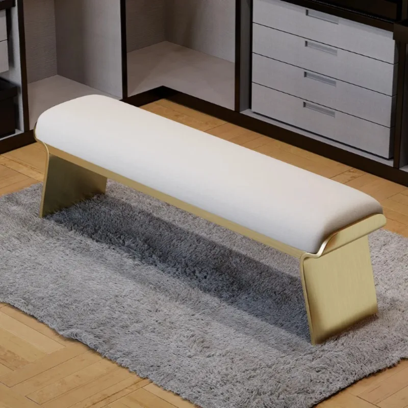 Modern Glam White PU Leather Upholstered Bench Brushed Gold Stainless Steel Leg Art Deco-Inspired Accent Hotel Entry Villa