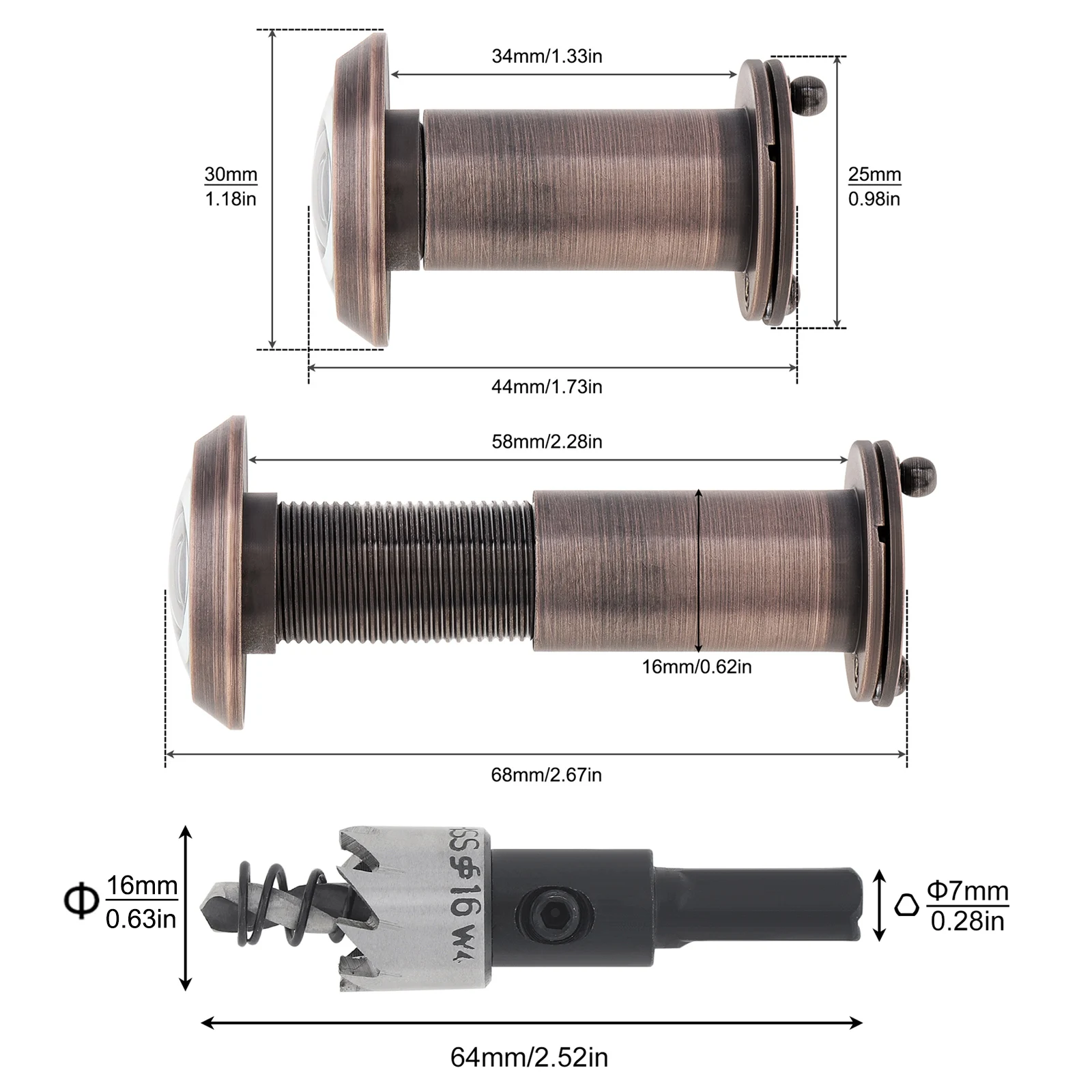 200 Degree Door Viewers 16mm Security Peep Holes for 1.57inch to 2.56inch Doors Thickness with  6mm Drill Bits