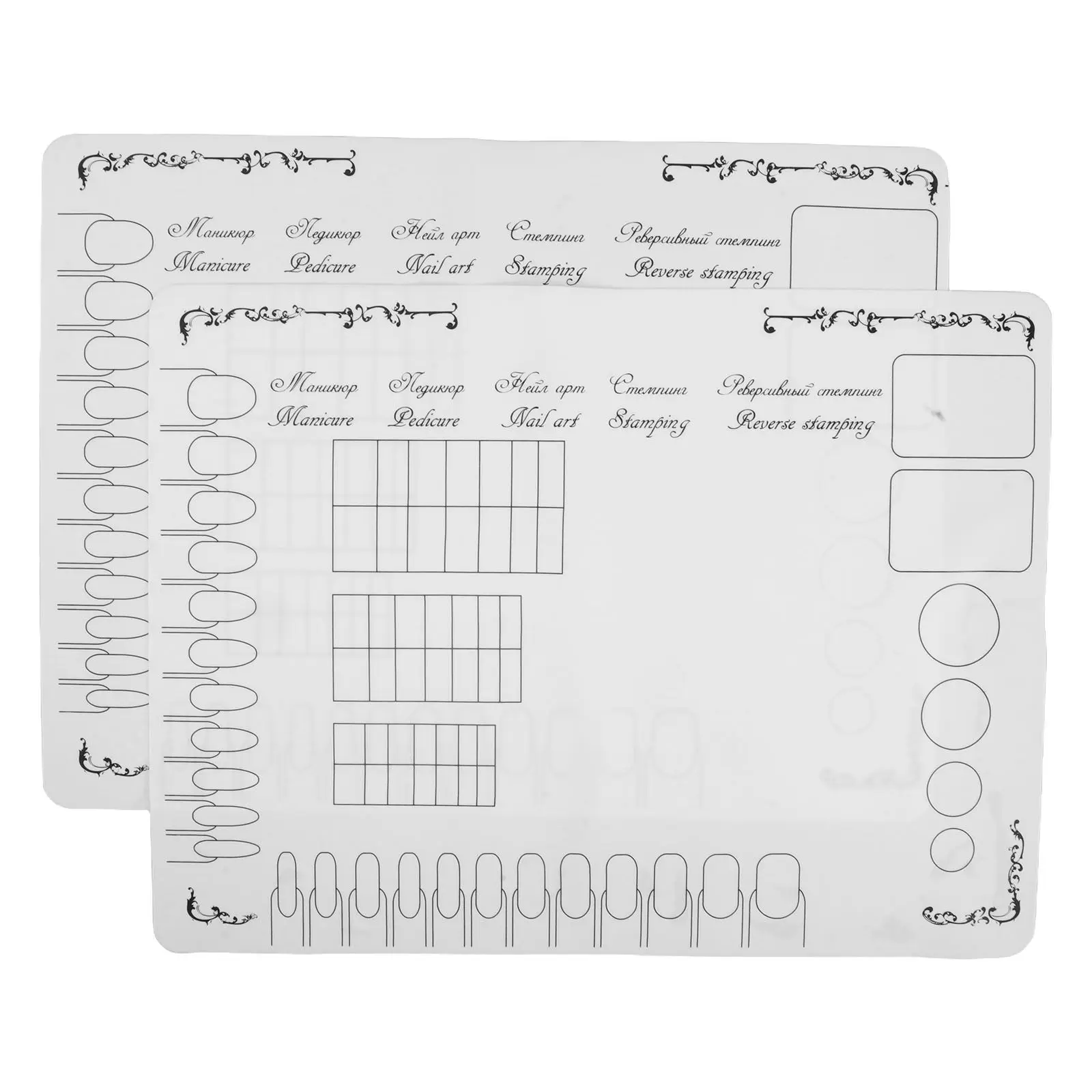 

Комплект из 2 силиконовых ковриков для маникюрного стола 40x30 см с съемной бумажной палитрой и нескользящей поверхностью для нейл-мастеров