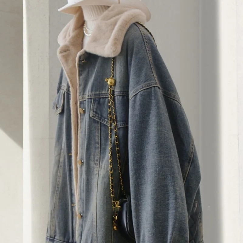 

Women'S Short Denim Jacket Autumn/Winter 2025 New Thicker Fleece-Lined Loose Casual Retro Trendy