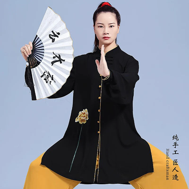 Women's 2026 Spring Original Tai Chi Outfit - Embroidered Silk Linen, Flowing Contrast Color Set for Qi Gong Competition