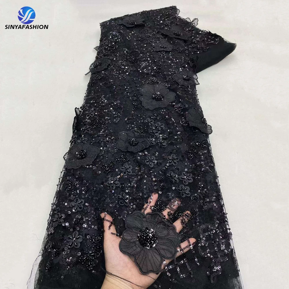 Tim African 3D Lace Fabric 2024 High Quality Black Lace Sequins French Tulle Embroidery Beaded Lce Fabric Luxury For Women Dress