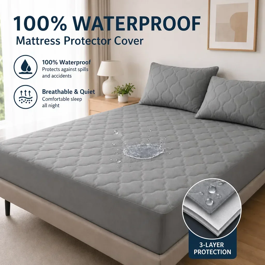 1pc Super Soft Thickened Mattress Protector, Waterproof Solid Color Lattice Pattern Bed Cover for Hotel Room, Bedroom