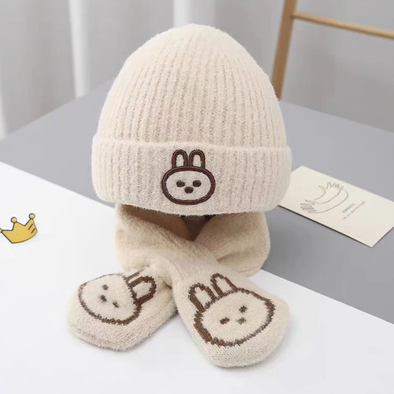 Autumn And Winter Children's Hats And Scarves Baby Cute Korean Style Bunny Beanie Fashion Knitted Hat Scarf Two-piece Set