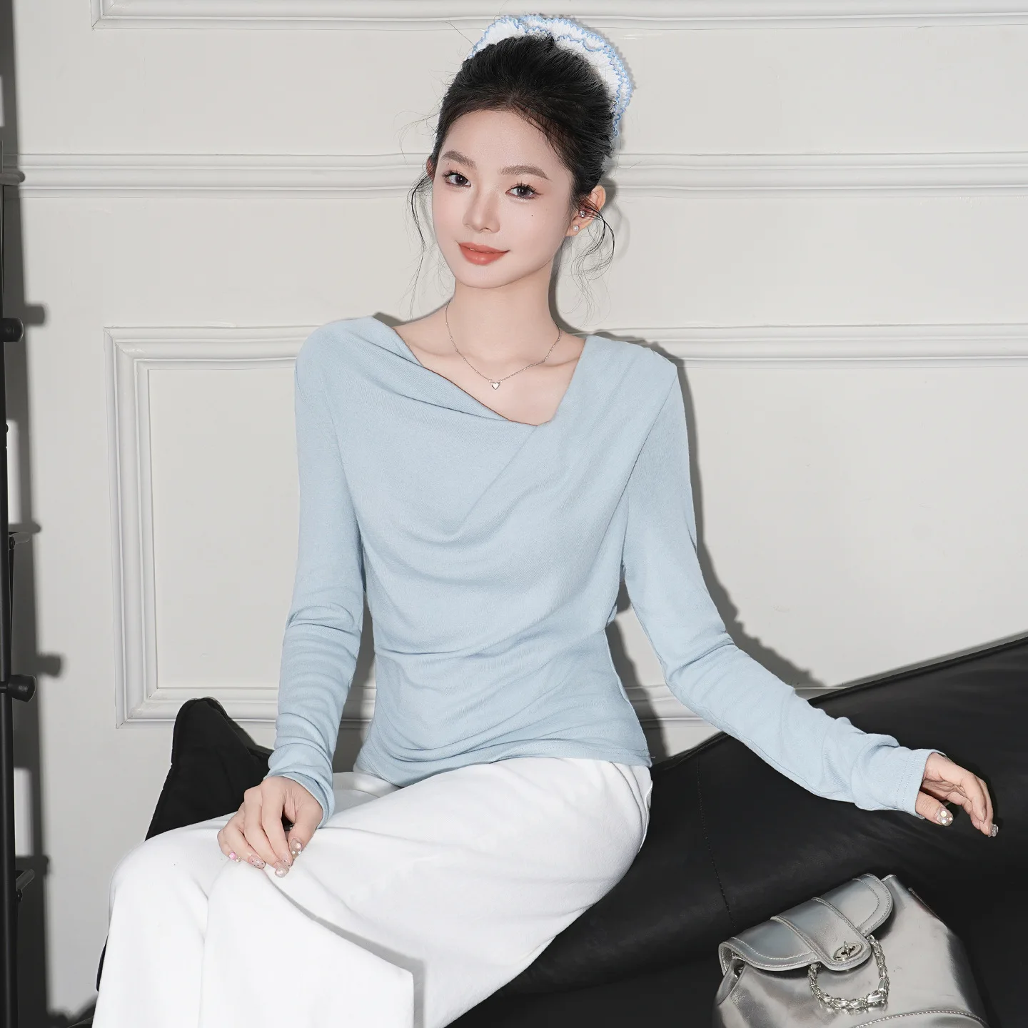 

Women's T-shirt 2025 Autumn Irregular Collar Asymmetric Shoulder Long Sleeve T Shirt Draped Collar Cashmere Base Layer Inner