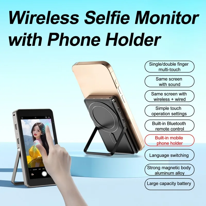 Dispositivo de compartilhamento de tela sem fio de toque de 4 polegadas com suporte para telefone Monitor de selfie de longa resistência para Vlog iPhone presentes de transmissão ao vivo
