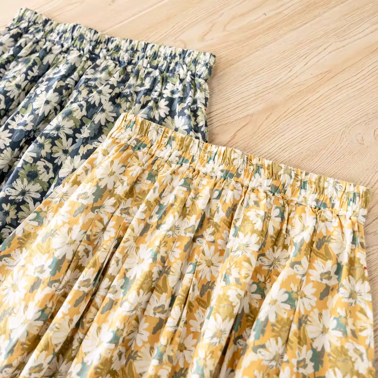 Mori kei clothing Japan style elastic waist 100% cotton yellow blue floral long skirts for women spring art floral midi skirts