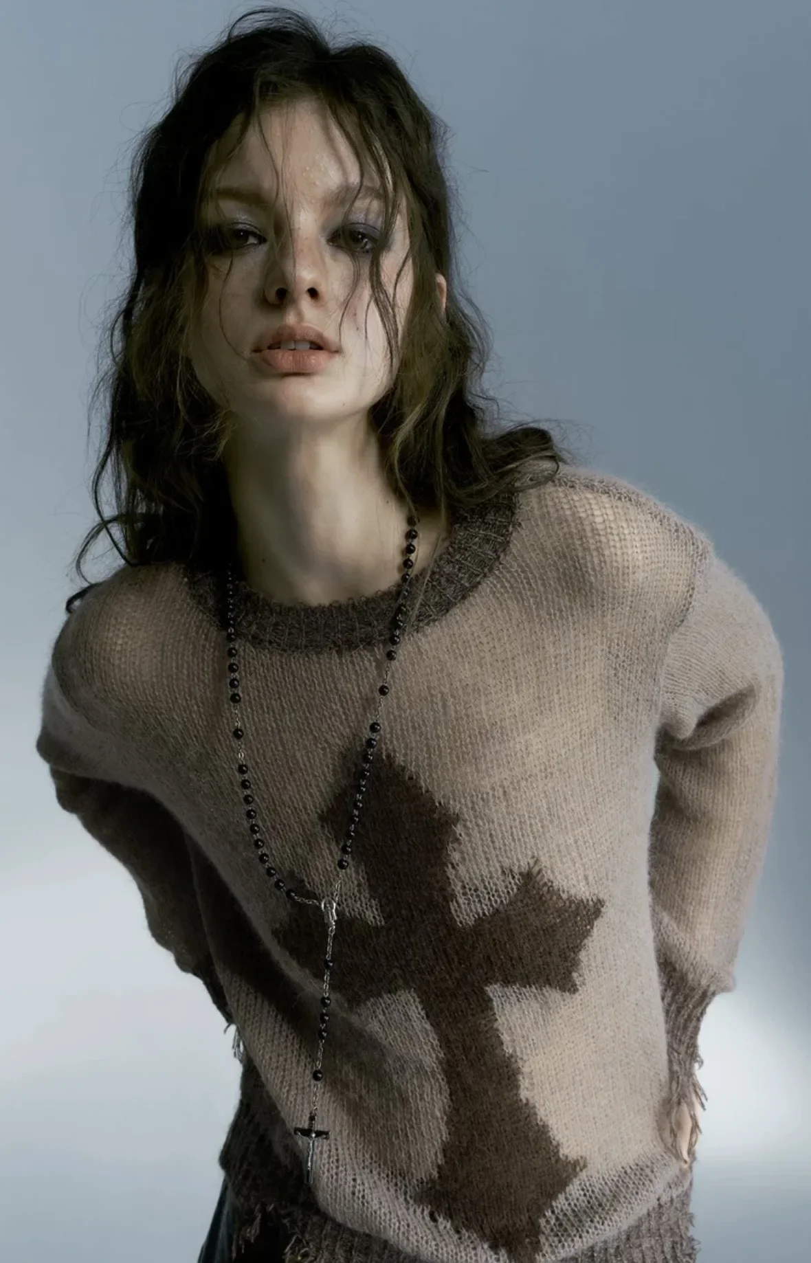 QWEEK Gothic Vintage Streetwear Knitted Pullovers American Retro Design Hollow Cross Printing Sexy Loose Sweater Y2k 2000s