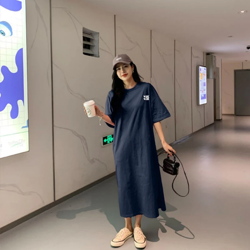 Summer Casual Long Dress Women's Loose Printed Letter Short Sleeve Mid-calf Length T-Shirt Dress Korean Style Split Dress