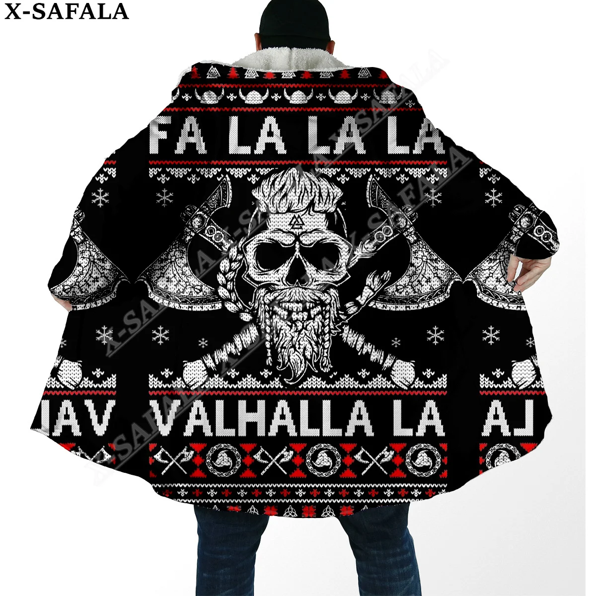 Fa La La Valhalla Viking Christmas Symbol Overcoat Coat 3D Print Thick Warm Hooded Cloak Men Windproof Fleece Unisex Casual-5