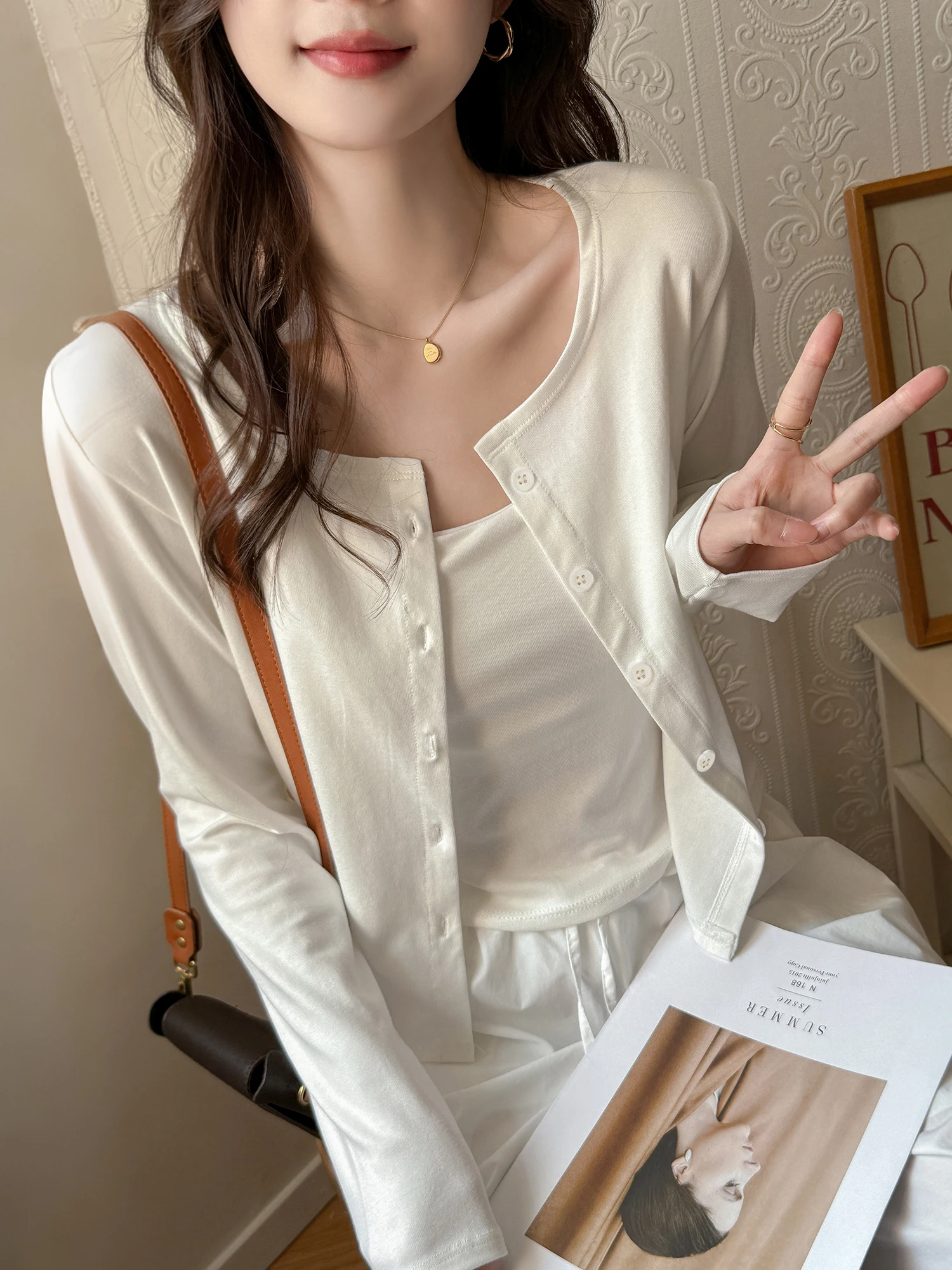 White Knitted Cardigan Women's Thin Autumn Outerwear Top Sunscreen Air Conditioning Cover Shoulder Shawl Long Sleeve Pure Color