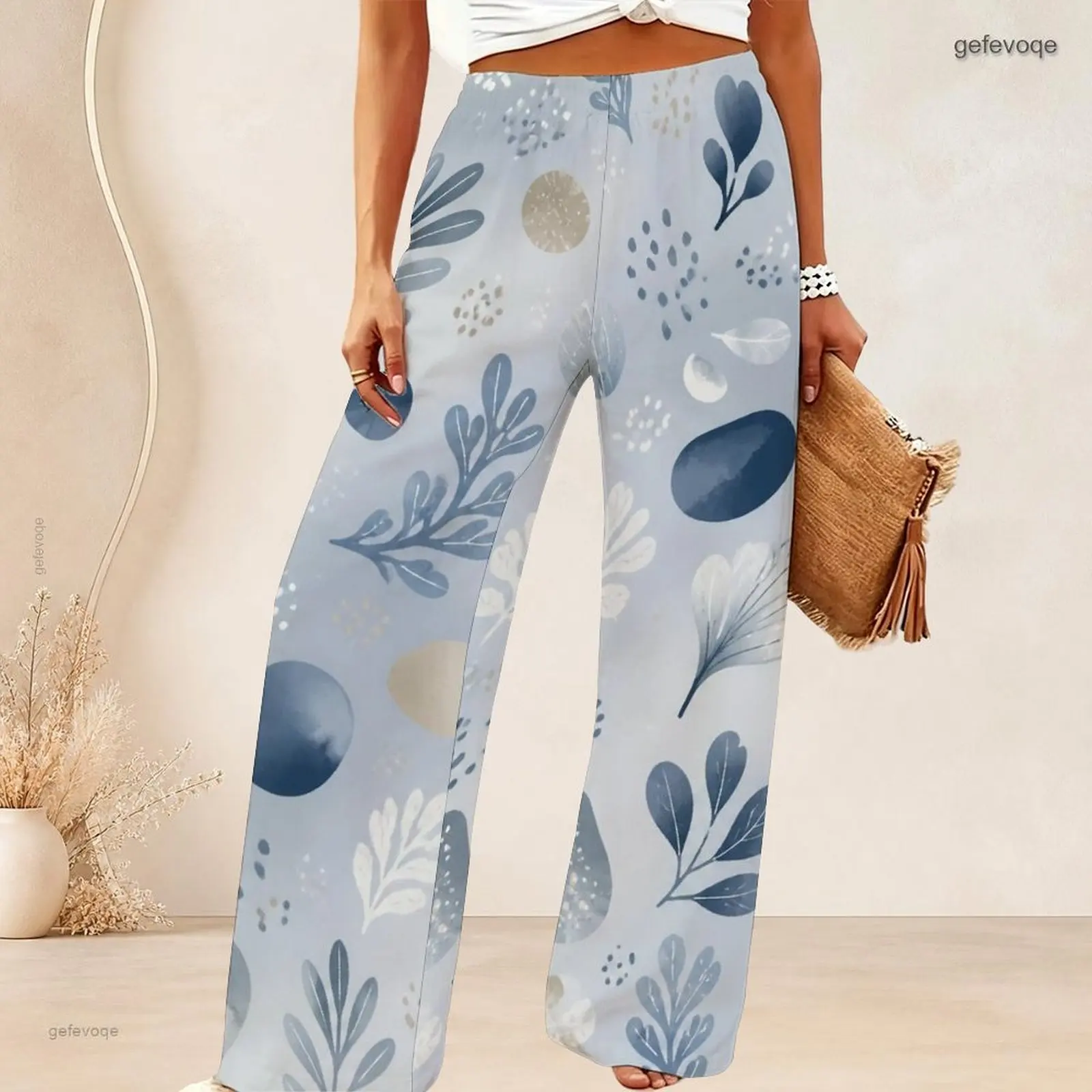 Women Printed Pants Wide Leg Full Length Loose Fit