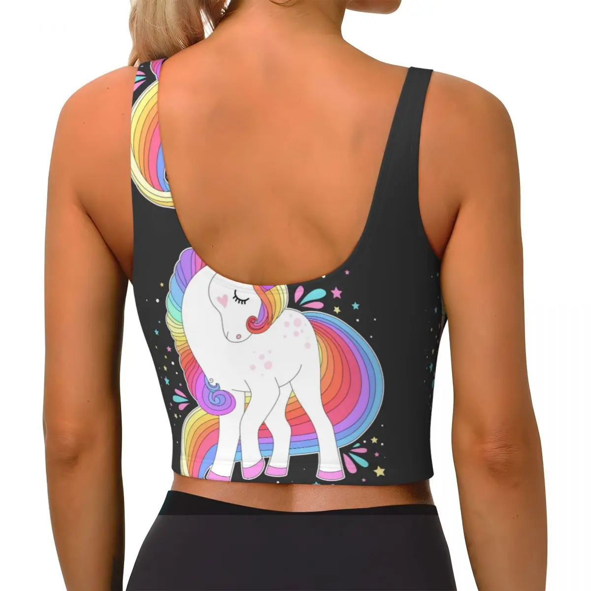 Yoga Vest Women Gym Sports Crop Tops White Unicorn With Rainbow Hair And Stars Streetwear Workout Breathable Tank Top Female