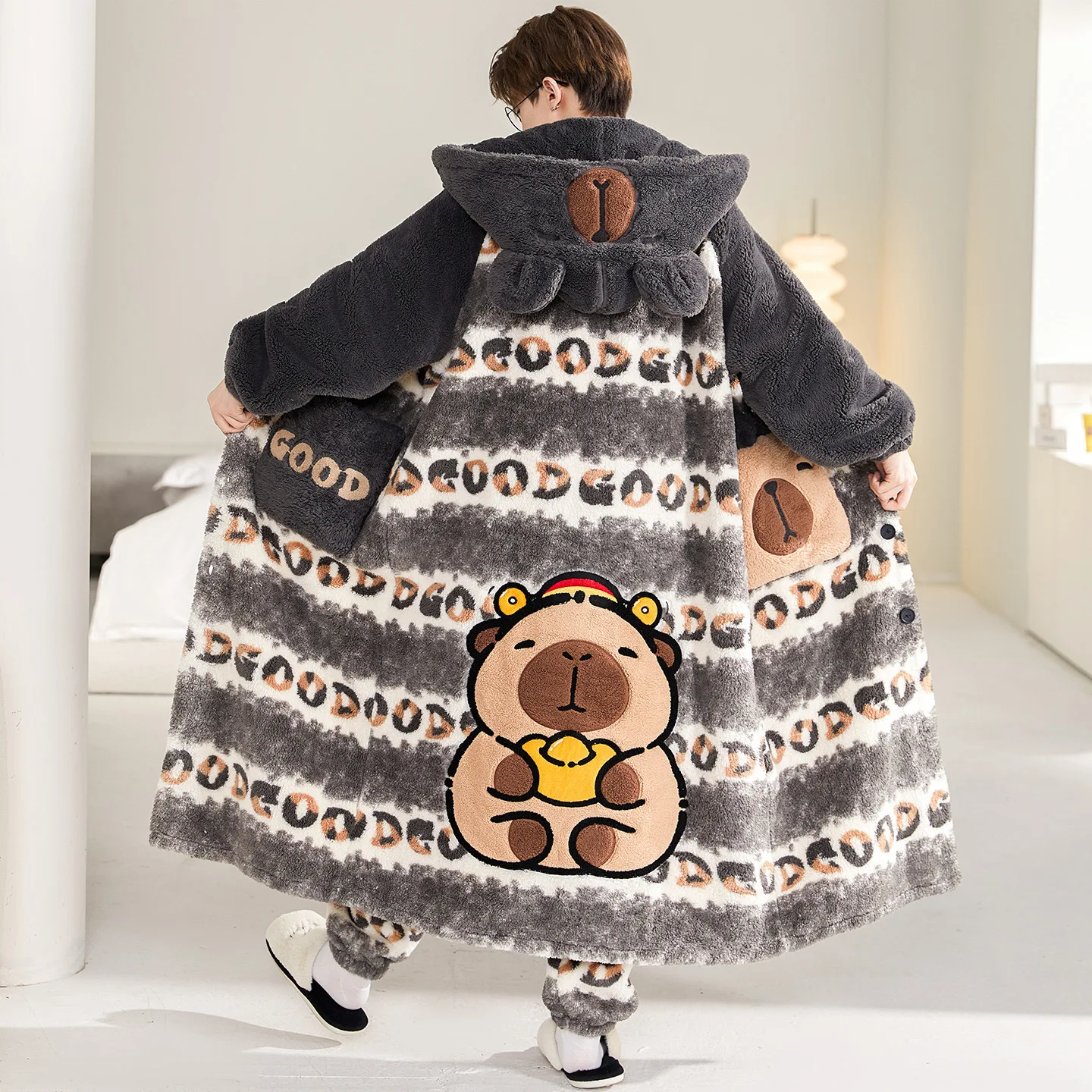 

Cute Capybara Kapibala Men Women Hooded Robe Pants Set, Thick Warm Fluffy Plush Bathrobe with 3D Hood Winter Soft Loungewear