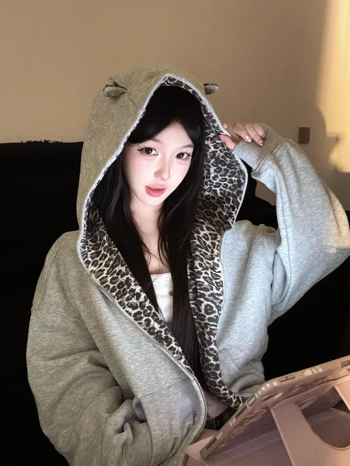 Women Little Devil Leopard Hoodie Patchwork Zip Long Sleeve Sweatshirt Spring Fall Harajuku Y2K Street Casual American Crop Top