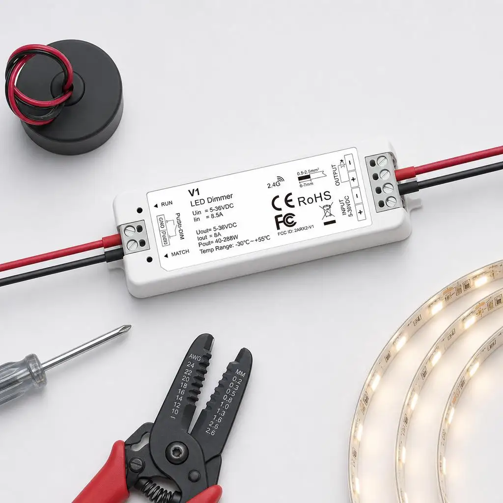 Skydance DC5V-36V V1 R1-1 R1-1(L) 1CH 1Zone Single Color LED Strip Dimming Kit 2.4GHzRF+Push Dim Remote Control  LED Controller