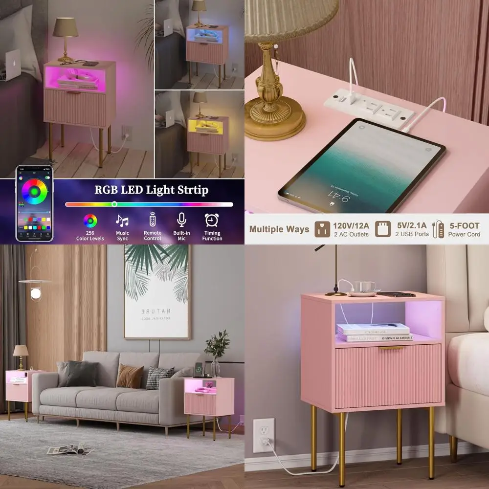 

Contemporary LED-lit Nightstand with Charging Port, White Drawer Table for Bedrooms and Living Spaces